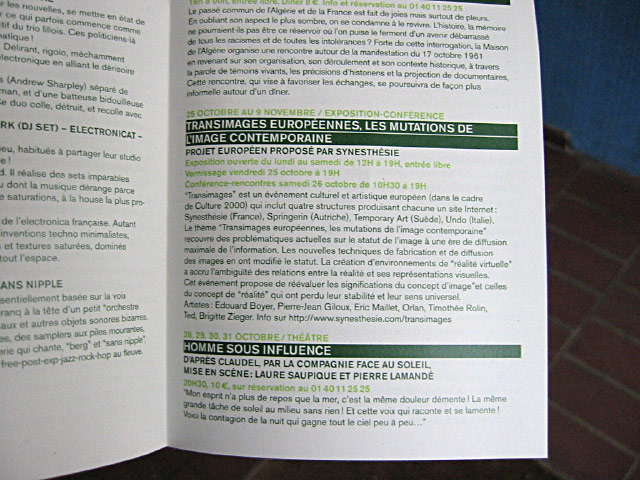 Anne-Marie me montre le descriptif du Festival Transimages auquel je vais participer