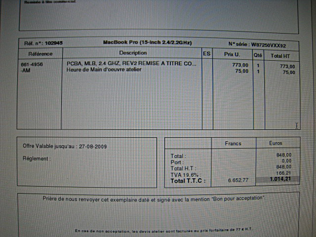 Je reçois un devis trop cher pour la réparation de mon macbook pro. Je le refuse