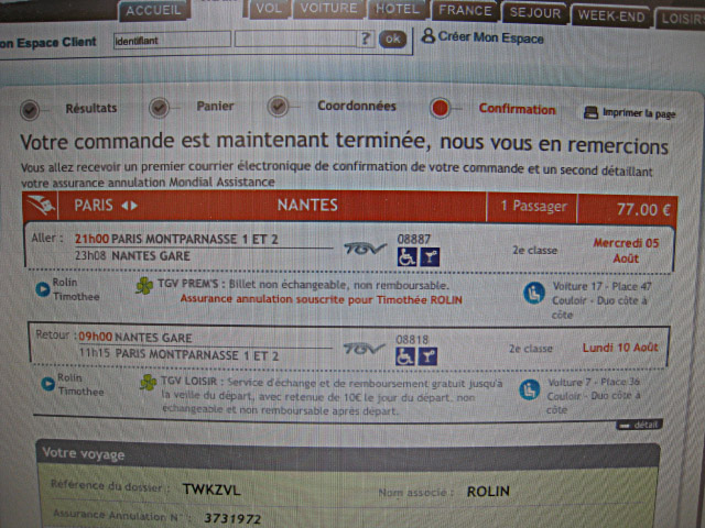 J'achète un billet de train pour Nantes